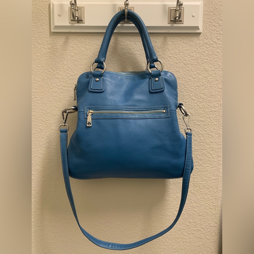 Blue Pebbled Leather Bag with Detachable Strap